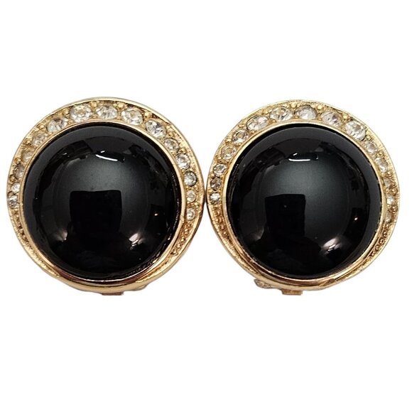 Christian Dior Round Black Glass Cabs Clear Rhinestone Clip On Earrings, L427 - Picture 1 of 10